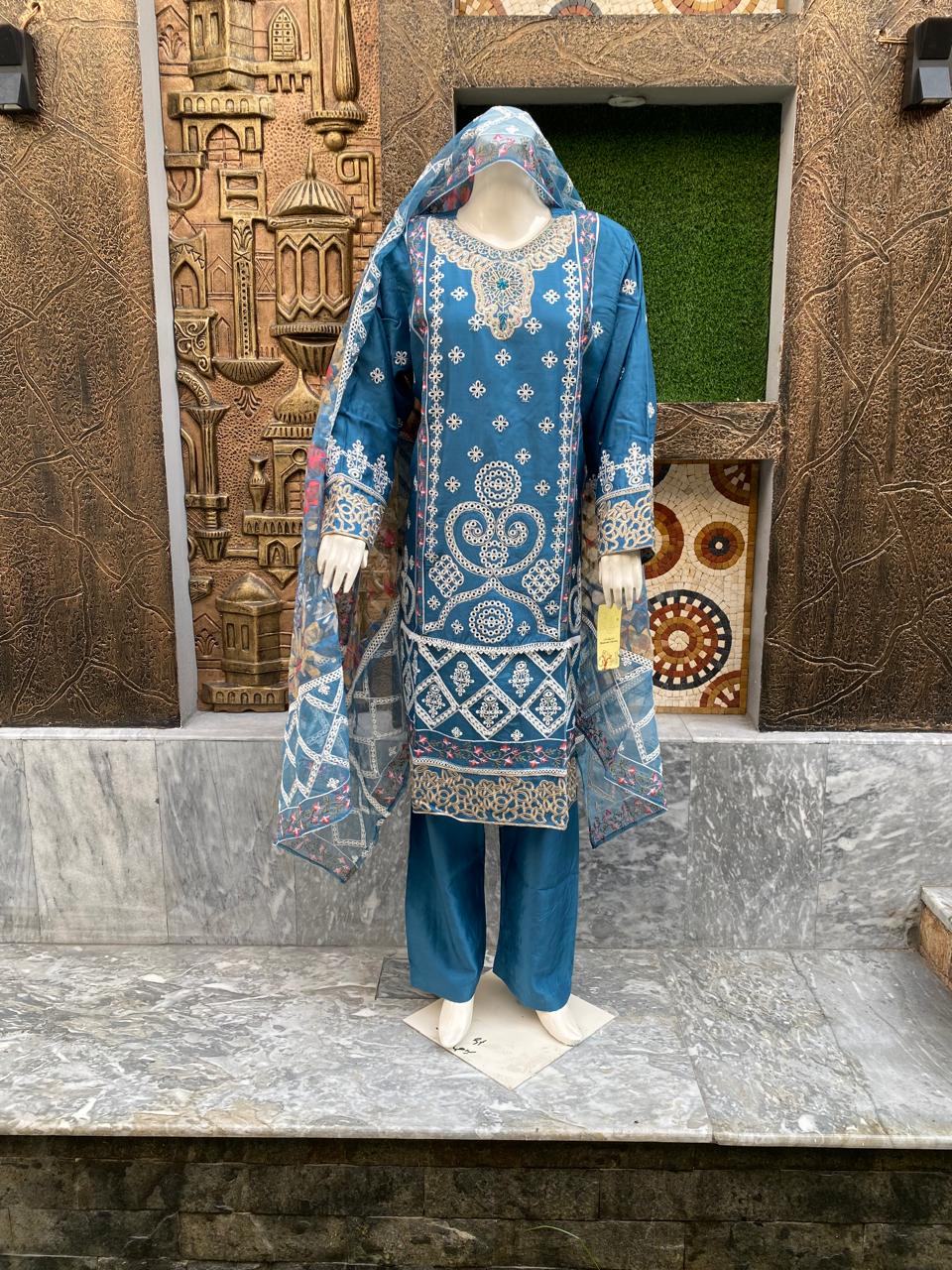 Viscose White Daga Embroidery 3 piece suit.