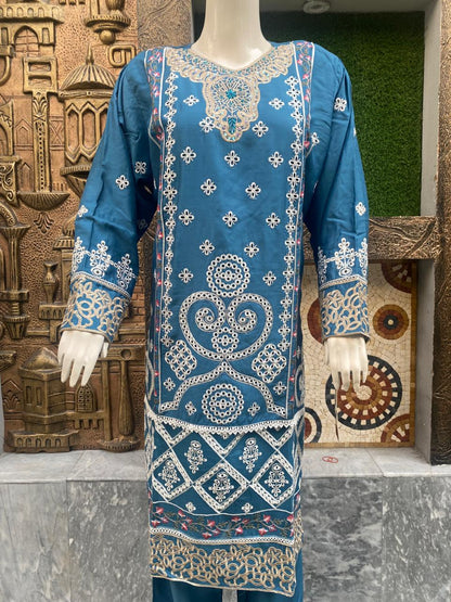 Viscose White Daga Embroidery 3 piece suit.