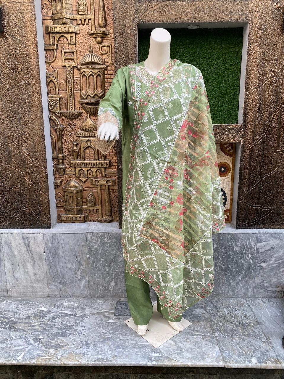 Viscose White Daga Embroidery 3 piece suit.