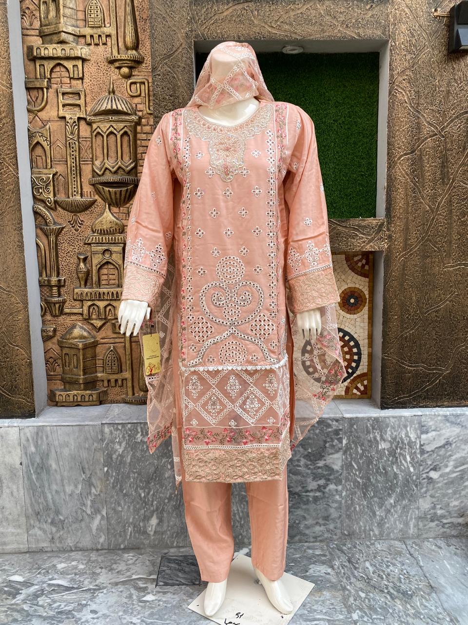 Viscose White Daga Embroidery 3 piece suit.